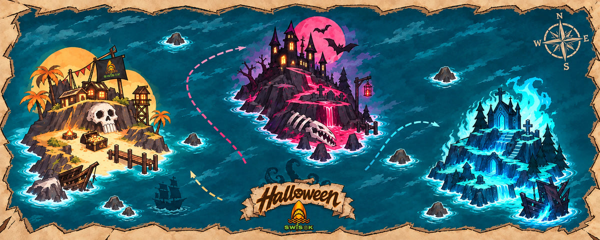 Swisok 2026 Halloween pirate map of the All-Souls Archipelago, showing Bone Cove, Crimsonmoon Keep and Ghostgrave Shore linked by sailing routes.