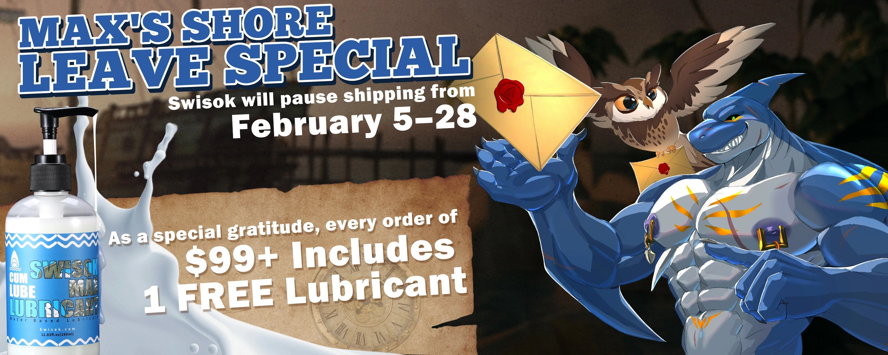 SwiSok Captain Max Shore Leave February 2026 – spend $99+ get free premium lubricant, full site fantasy dildos & fantasy sex toys, shipping pause from February 5-28, smooth fantasy play bonus