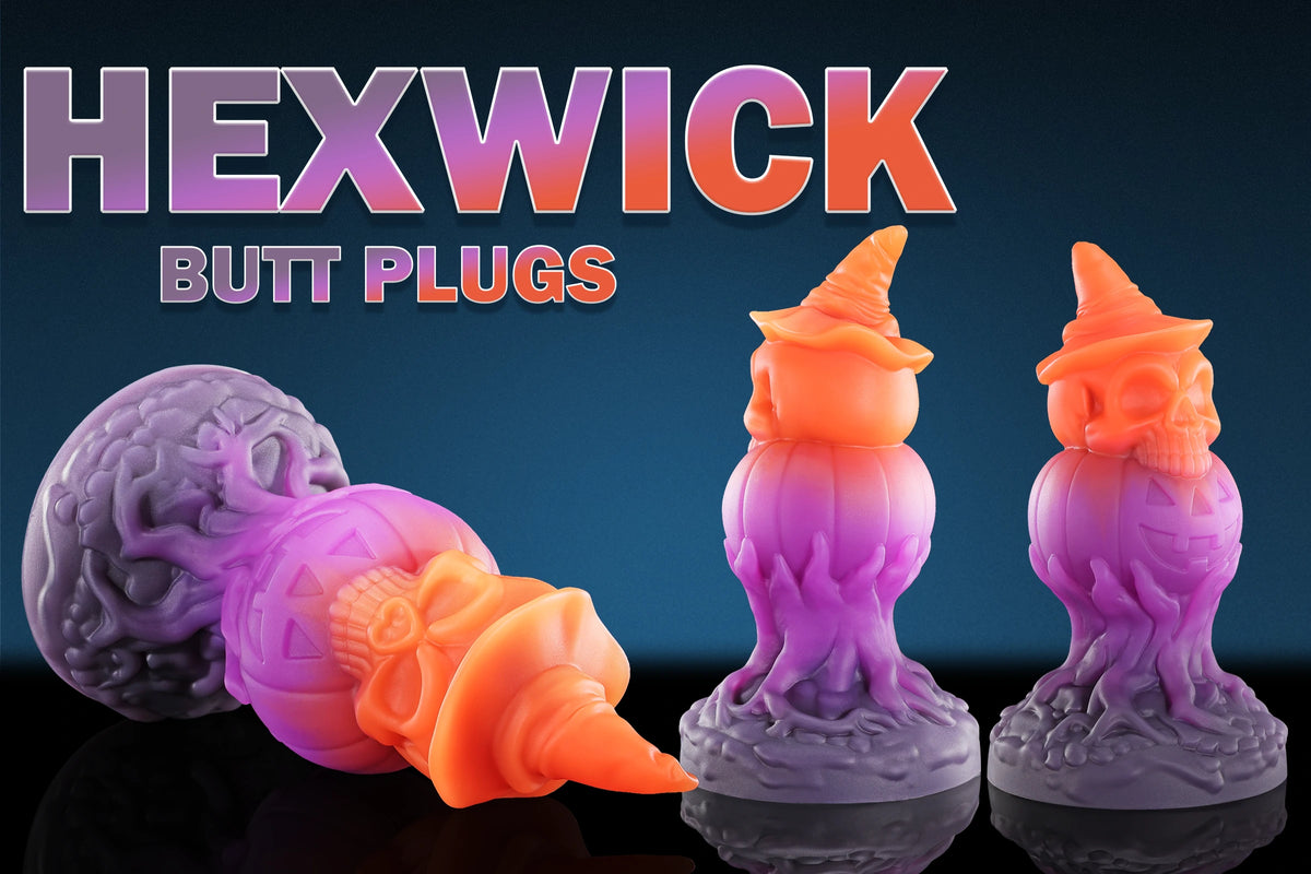 Close-up of the witch hat, skull and pumpkin lantern details on the Swisok Hexwick Halloween butt plug.