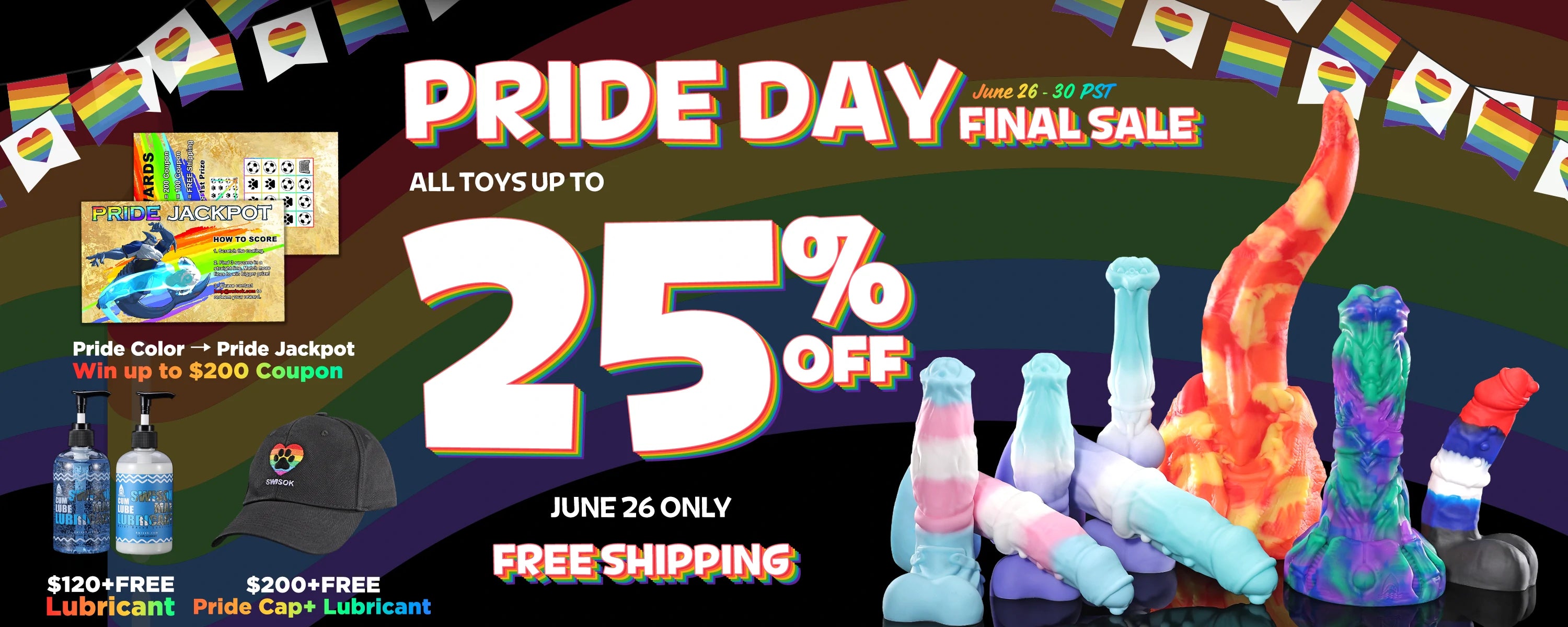 Excited to celebrate Pride Month with Swisok, every order over $70 gets a free Pride Jackpot scratch card, so much fun to play with my fantasy dildos this month