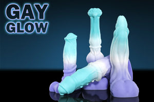 Applying lube all over this colorful Pride knot dildo from Swisok, watching it become so wet and shiny, getting me really turned on