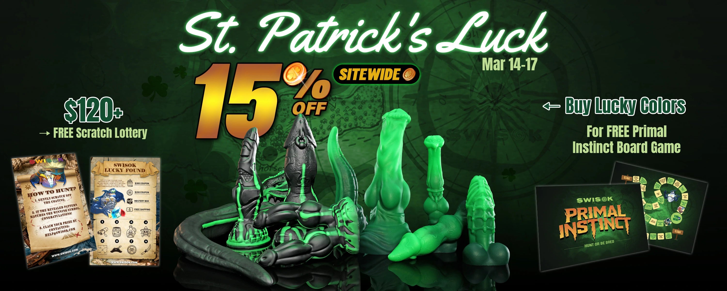 Swisok St. Patrick's Day 2026 – 15% OFF sitewide fantasy dildos and knot dildos, I feel the lucky green glow sliding deep during pup play, tail-thrashing subspace heat from textured fantasy sex toy in furry den, free gifts unlocked March 14–17
