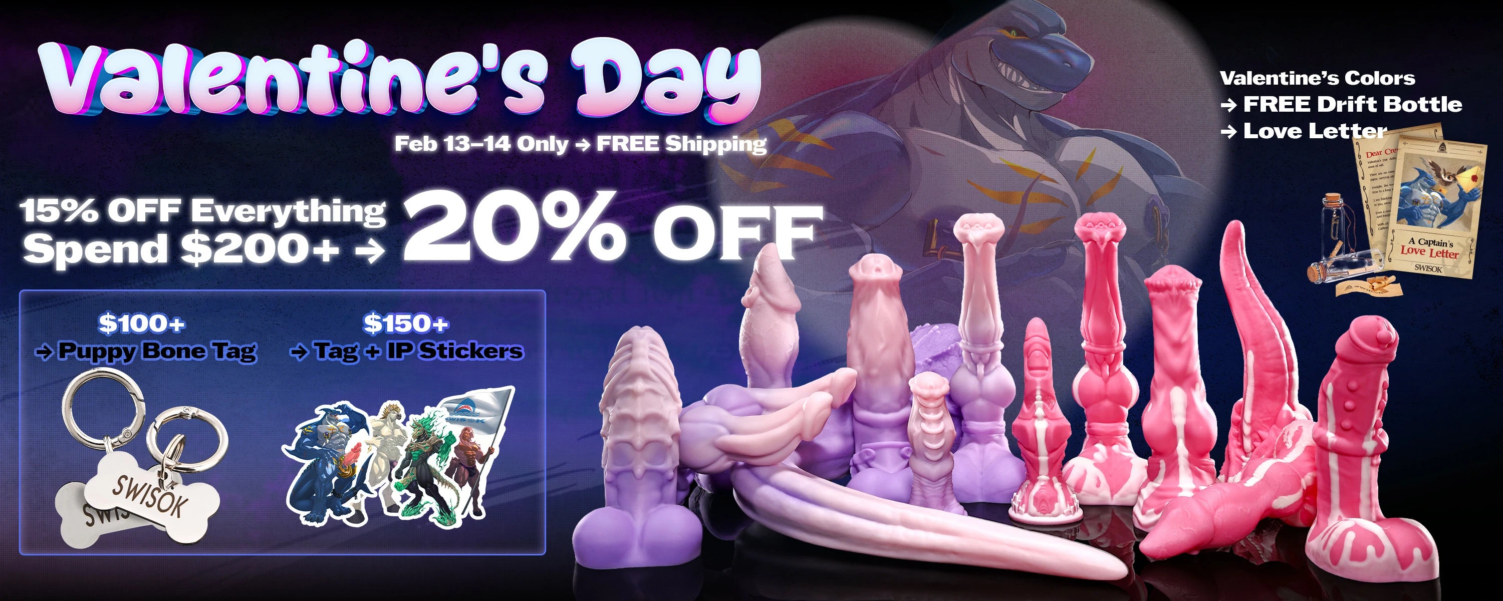 Swisok Valentine's Day collection: Lilac Dream purple and Bubblegum Blaze hot pink glow fantasy dildos, knot horse monster toys for furry pup play – luminous white flowing lines, sensual midnight den scenes, tail-wagging pack excitement, candy-sweet subspace magic