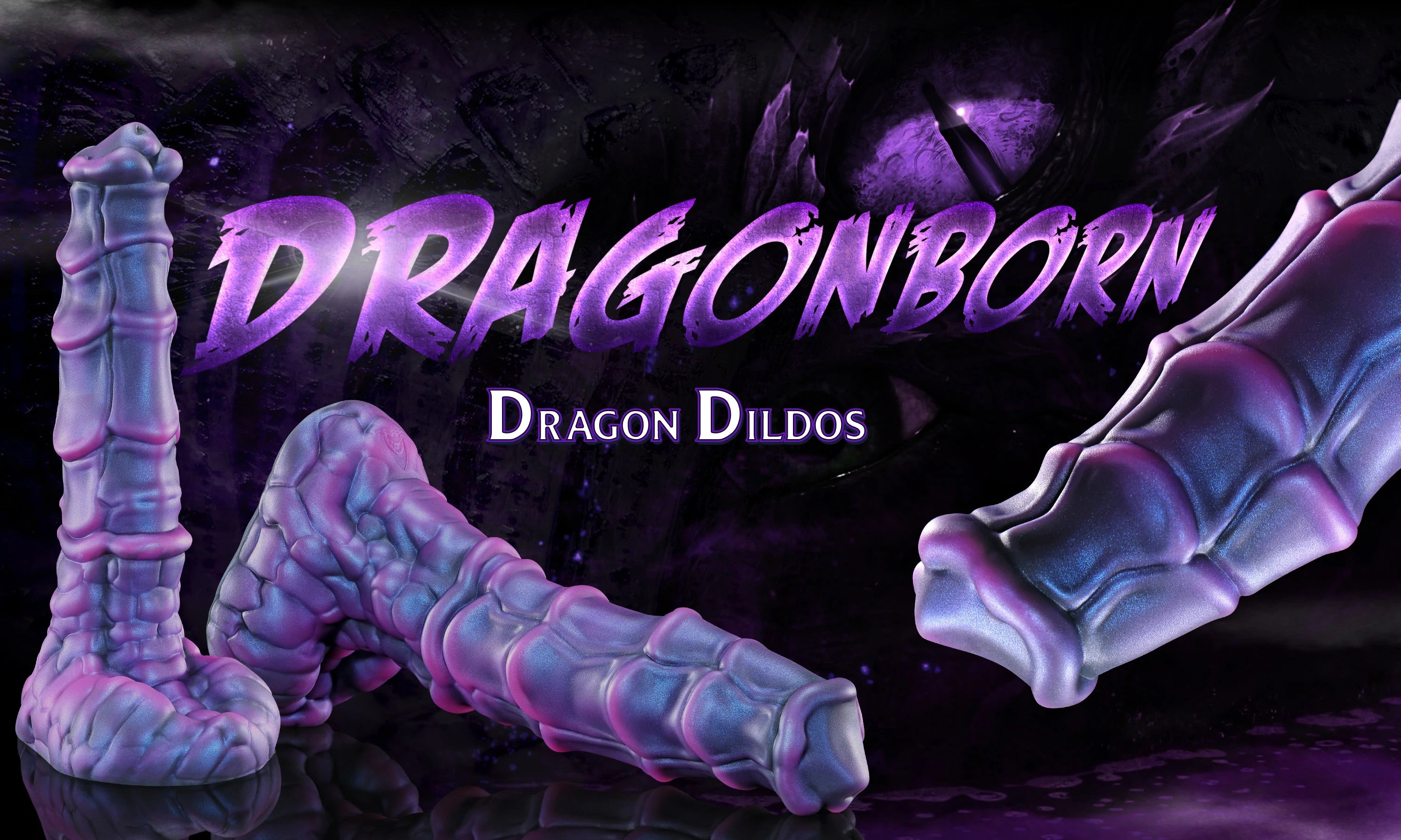 Dragonborn in a dark fantasy roleplay scene with purple dragon light and mystical atmosphere