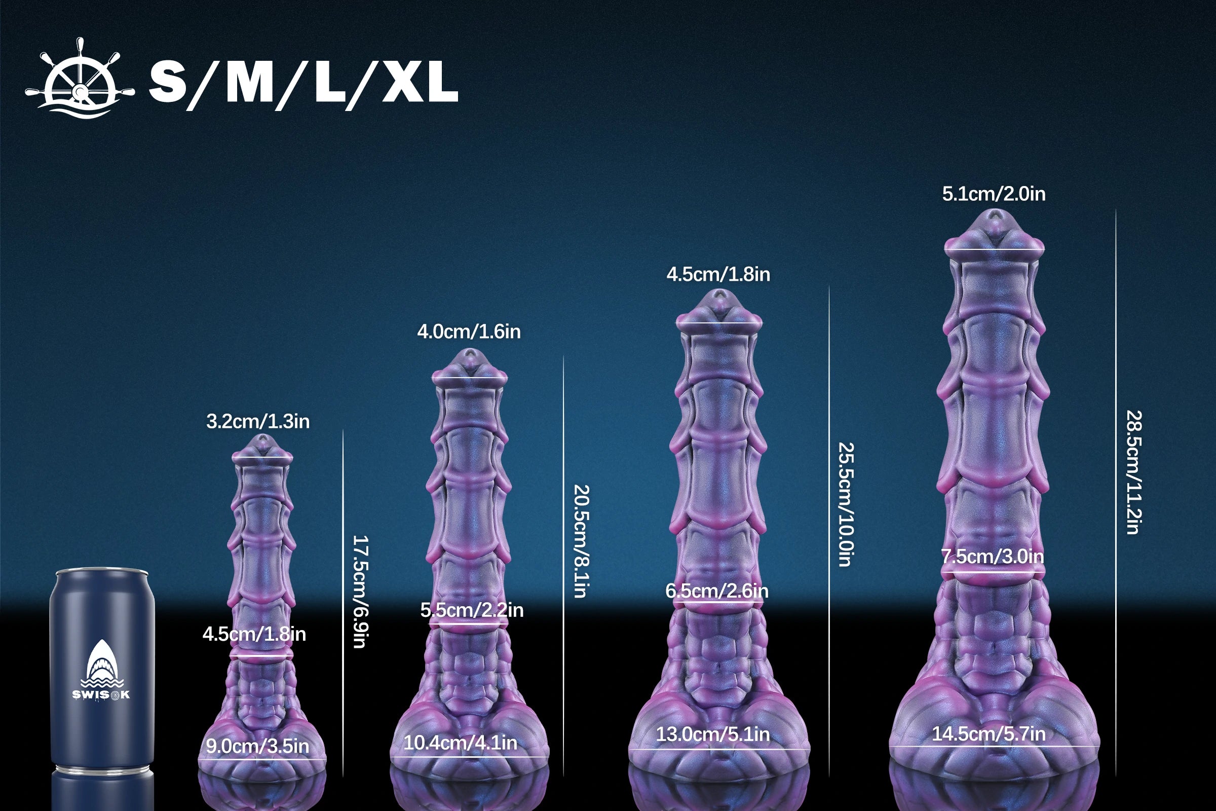 Dragonborn fantasy dildo size guide showing total length usable length and diameter
