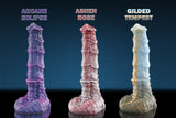 Side view of the Dragonborn monster dildo showing its curved silhouette and raised ridges