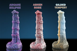 Side view of the Dragonborn monster dildo showing its curved silhouette and raised ridges