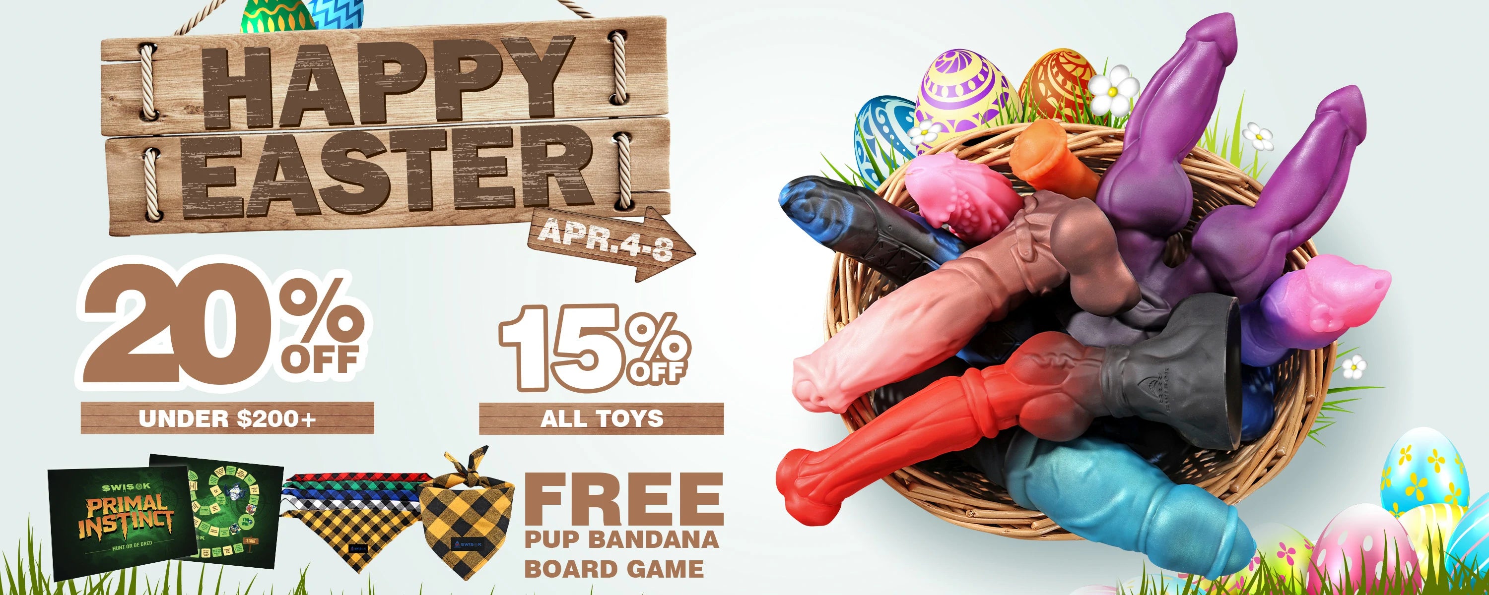 Swisok Happy Easter 2026 – discover fantasy dildos and knot toys perfect for furry pup play and puppy play adventures. I feel the warm stretch and deep fullness while hunting for Easter eggs in my cozy den, surrounded by soft fantasy sex toys and exciting surprises.