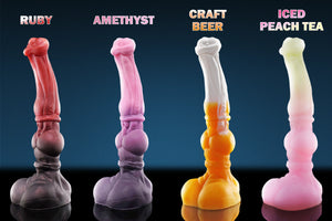 Swisok Magga swollen knot horse dildo – massive knot fantasy dildo. I moan as this huge knot stretches me wide open and locks tightly, giving me that deep, throbbing pressure I crave in pup play.