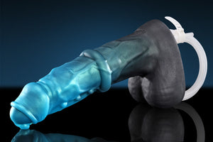 Swisok Prince ejaculating fantasy dildo – monster dildo fantasy sex toy with powerful cyan knot, I feel the warm rush explode deep inside during furry pup play, throbbing ejaculation fills my subspace in midnight den sessions, glowing tip pulses with intense pleasure