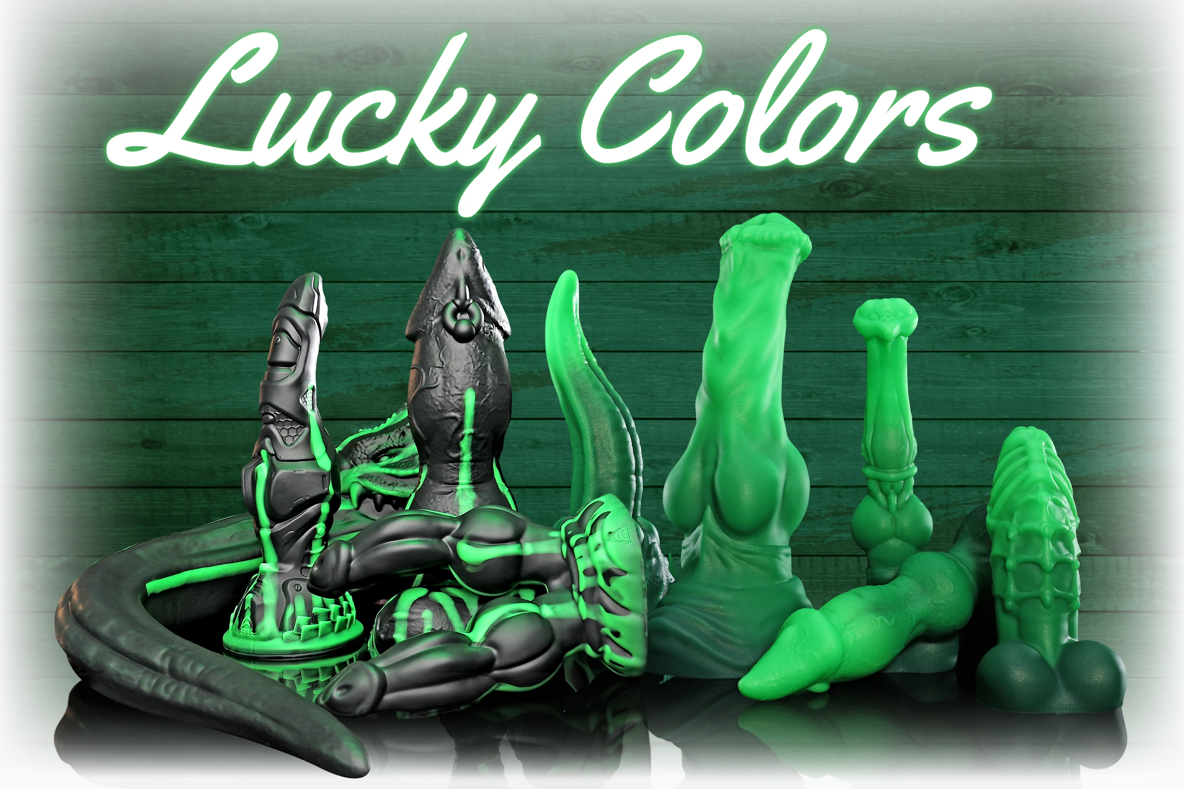 Swisok St. Patrick's Day limited fantasy dildos in emerald glow, I lose myself in the knot lock and warm ridges during furry pup play, tail wags wildly in den fantasy, 15% off + gifts March 14–17