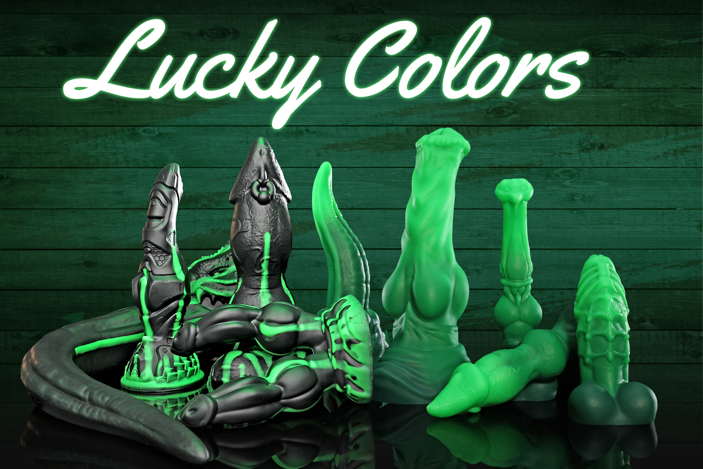 Swisok St. Patrick's Day limited fantasy dildos in emerald glow, I lose myself in the knot lock and warm ridges during furry pup play, tail wags wildly in den fantasy, 15% off + gifts March 14–17