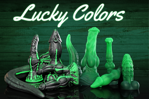 Swisok St. Patrick's Day limited fantasy dildos in emerald glow, I lose myself in the knot lock and warm ridges during furry pup play, tail wags wildly in den fantasy, 15% off + gifts March 14–17