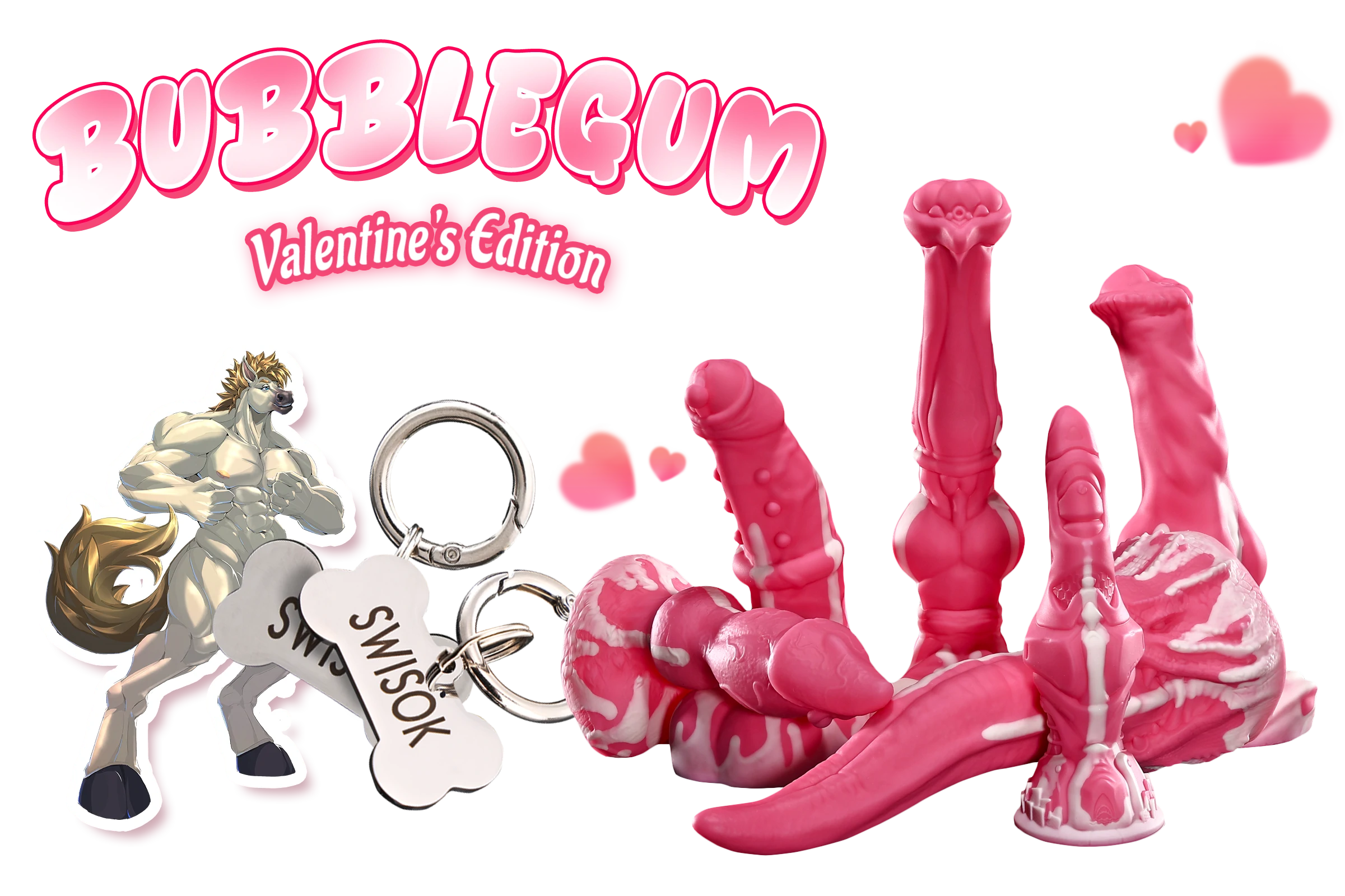 Swisok Valentine's Day Bubblegum Blaze glow fantasy dildo, hot pink marbled knot horse monster toy for furry pup play – luminous white flowing lines, bright night-time handler scenes, candy-sweet pup subspace magic